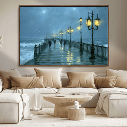 79606-MGV-CV-36X24-Rainy Pier Night Wall Art – Ocean Waves and Street Lamps Canvas Print, Moody Seascape Oil Painting Poster for Living Room,