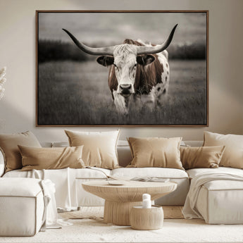 69238-MGV-FC-36X24_Walnut-Longhorn Bull Wall Art – Rustic Black and White Texas Cattle Canvas Print, Western Farmhouse Animal Photography for Living Room,