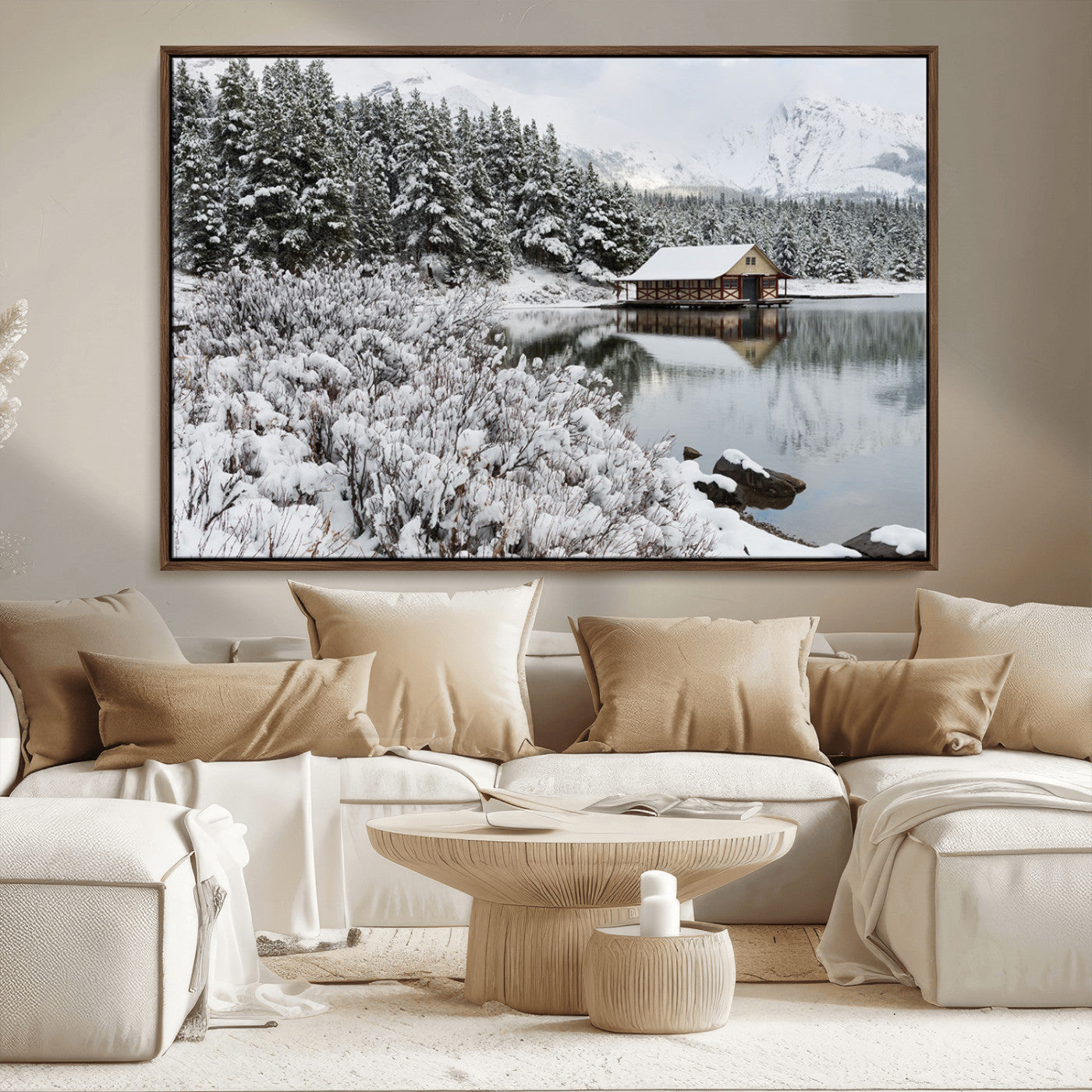 29975-MGV-CV-36X24-Winter Cabin by the Lake Wall Art – Snowy Mountain Landscape Canvas Print, Rustic Lodge Cabin Decor for Cozy Living Room, Bedroom