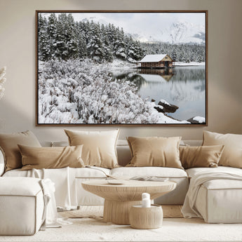 29975-MGV-CV-36X24-Winter Cabin by the Lake Wall Art – Snowy Mountain Landscape Canvas Print, Rustic Lodge Cabin Decor for Cozy Living Room, Bedroom