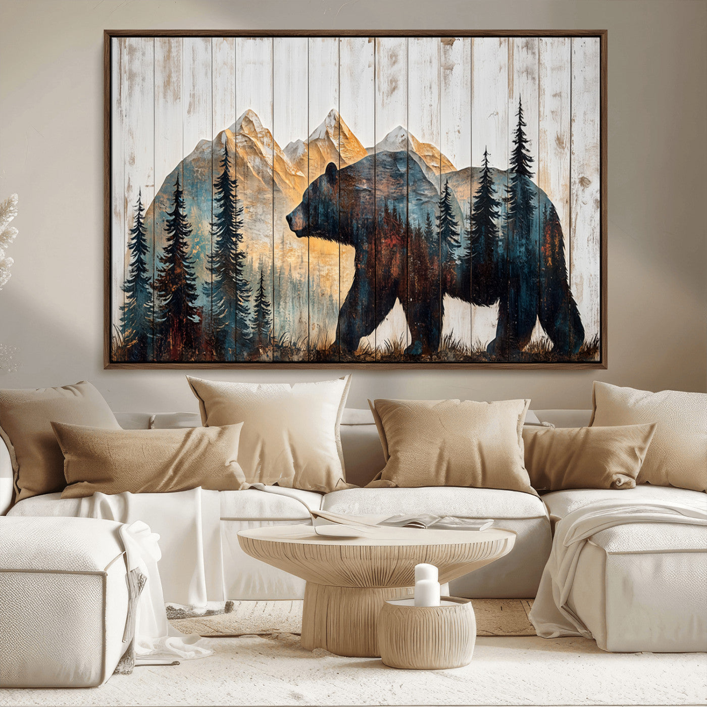 90077-MGV-CV-36X24-Wood Grizzly Bear Wall Art Canvas Print, Framed Abstract Bear Art Picture Print, Bear in Forest Perfect Rustic Lodge Decor Artwork