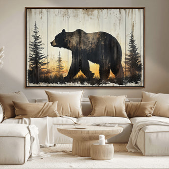 83875-MGV-CV-36X24-Sunset Bear Wall Art – Rustic Wildlife Canvas Print with Forest Silhouette, Cabin Lodge Decor for Living Room or Office