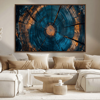 65231-MGV-CV-36X24-Blue and Gold Tree Ring Wall Art – Rustic Abstract Wood Slice Canvas Print, Modern Nature Inspired Artwork for Living Room,