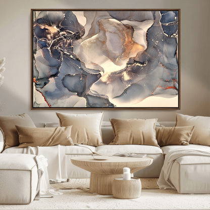 18202-MGV-CV-36X24-Abstract Neutral Wall Art – Blue, Beige and Gold Fluid Ink Canvas Print, Modern Minimalist Painting for Living Room, Office