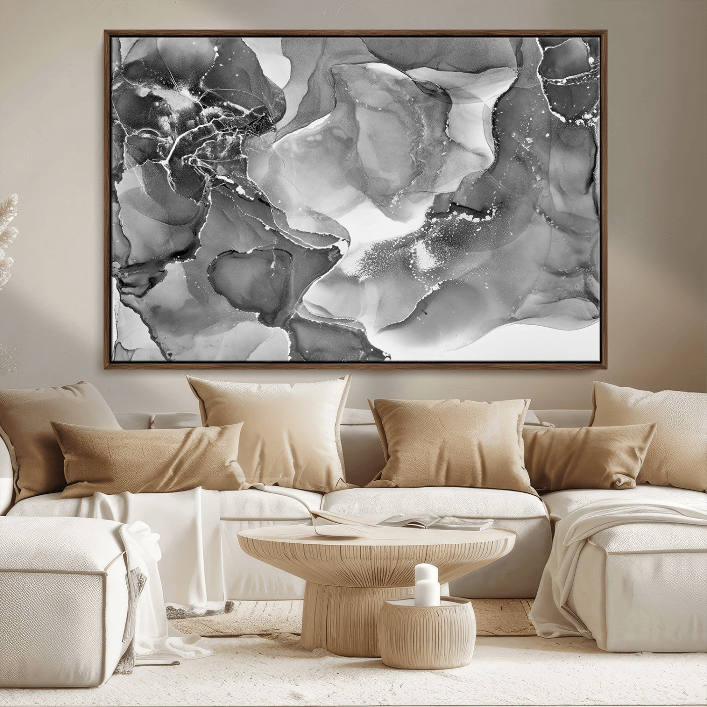 15911-MGV-CV-36X24-Black and White Abstract Wall Art – Modern Ink Swirl Canvas Print, Minimalist Contemporary Painting for Living Room, Bedroom,