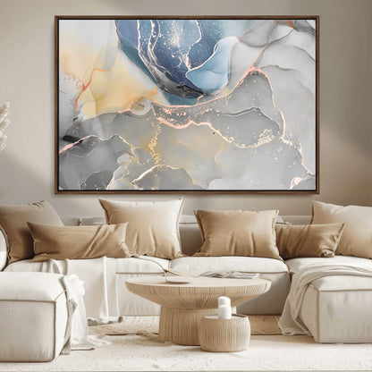 18176-MGV-CV-36X24-Abstract Fluid Wall Art – Modern Marble Ink Canvas Print with Blue, Gold, and Gray Tones, Contemporary Minimal Artwork Decor for