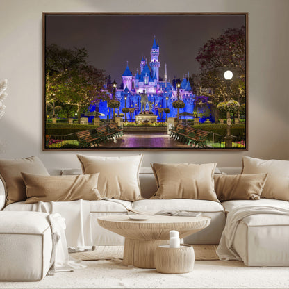63560-MGV-CV-36X24-Fairy Tale Castle Wall Art – Magical Night Scene Canvas Print with Lights and Gardens, Fantasy Architecture Artwork for Living