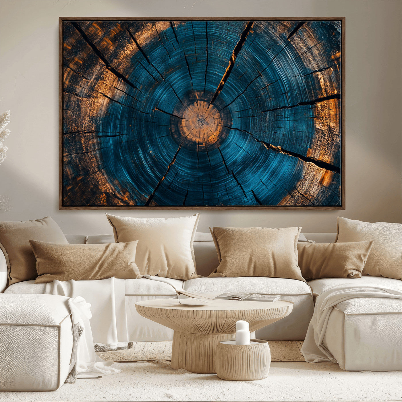 13398-MGV-CV-36X24-Tree Ring Wall Art – Abstract Wood Grain Canvas Print with Blue and Orange Accents, Rustic Nature Inspired Artwork for Living