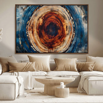 90395-MGV-FC-36X24_Walnut-Tree Ring Wall Art – Abstract Wood Grain Canvas Print with Fiery Red and Blue Tones, Bold Rustic Nature Inspired Artwork Decor for