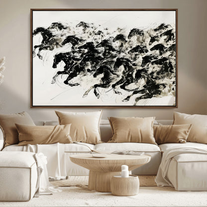 23069-MGV-FC-36X24_Walnut-Galloping Horses Wall Art – Black Ink Painting on Canvas, Dynamic Equestrian Artwork with Running Stallions, Expressive Modern