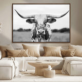 20272-MGV-CV-36X24-Texas Longhorn Wall Art – Black and White Cowboy Western Canvas Print, Rustic Farmhouse Cattle Photography Decor for Ranch, Barn