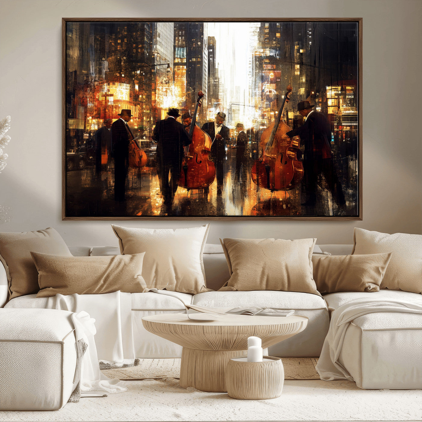 58782-MGV-CV-36X24-Jazz Musicians Cityscape Wall Art – Vibrant Urban Night Canvas Print, Elegant Music Themed Decor for Living Room, Office, or Music