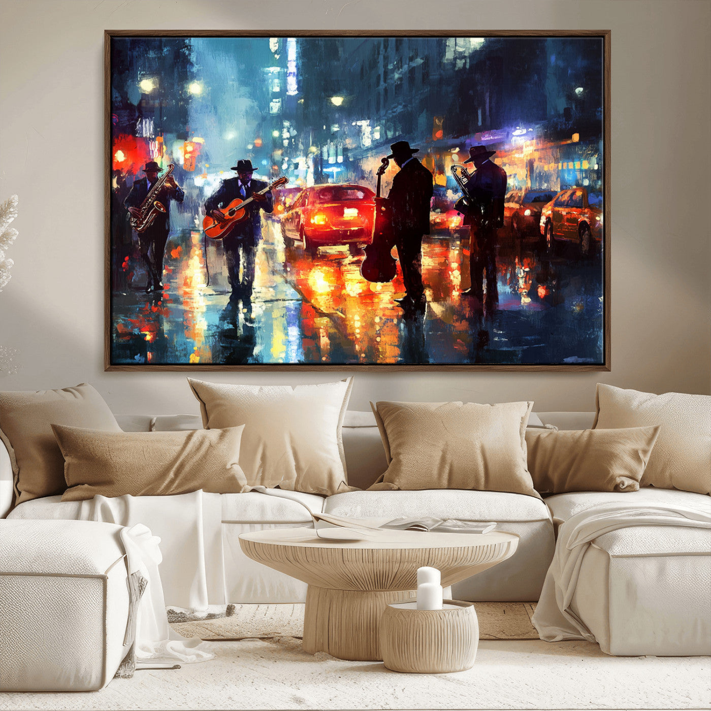 94605-MGV-FC-36X24_Walnut-City Jazz Night Wall Art – Vibrant Music Canvas Print Featuring Saxophone, Guitar and Bass Players, Urban Street Scene Artwork for