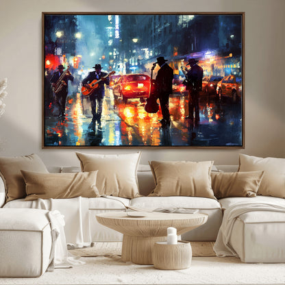 94605-MGV-FC-36X24_Walnut-City Jazz Night Wall Art – Vibrant Music Canvas Print Featuring Saxophone, Guitar and Bass Players, Urban Street Scene Artwork for