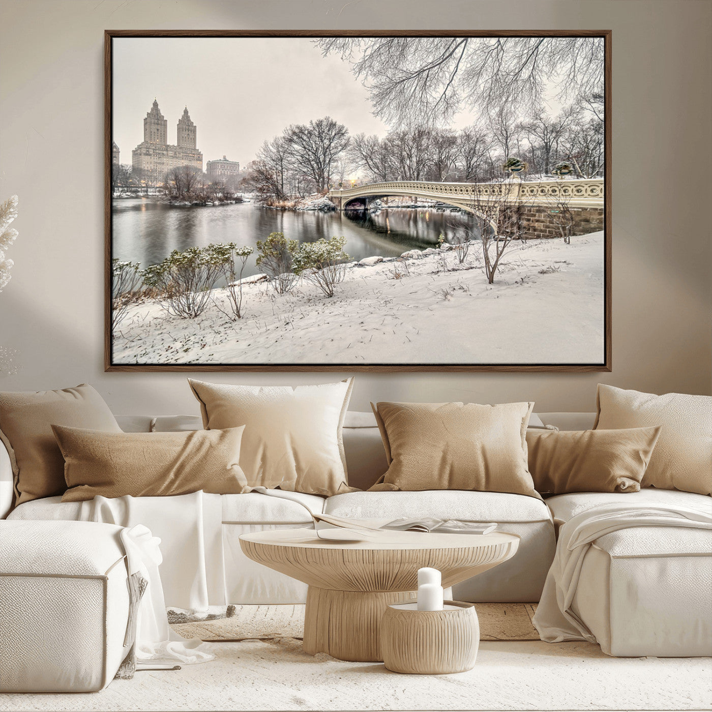 60292-MGV-FC-36X24_Walnut-Central Park Winter Wall Art – Snowy Bow Bridge Canvas Print, Scenic New York City Landscape Photography for Living Room, Bedroom