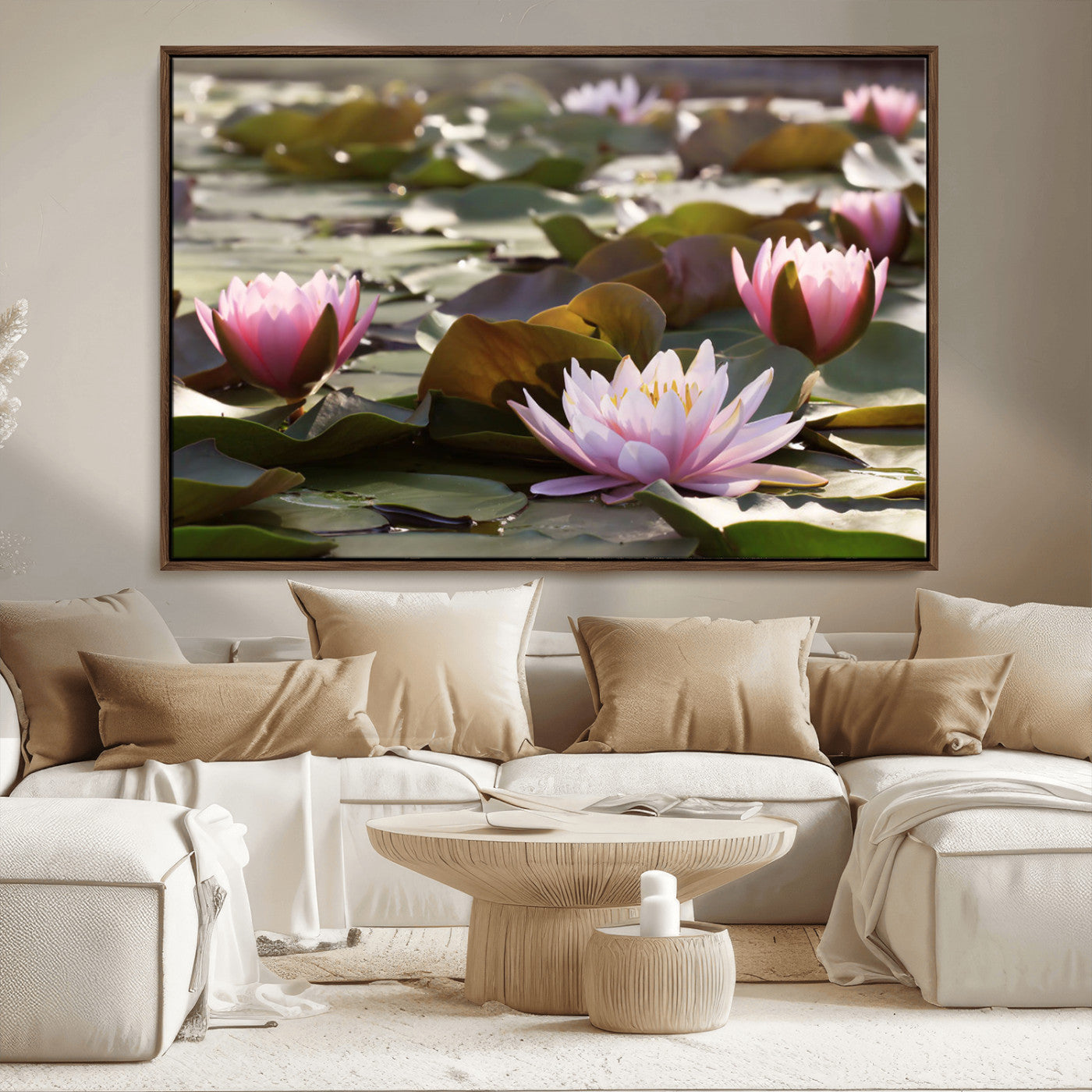 72218-MGV-CV-36X24-Water Lily Pond Wall Art – Pink Lotus Flowers Canvas Print with Green Lily Pads, Peaceful Botanical Artwork for Living Room,
