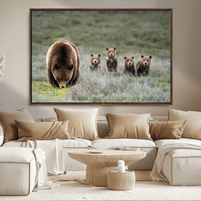 65087B-MGV-FC-36X24_Walnut-Bear Family Wall Art – Wildlife Canvas Print Featuring Mother Bear with Cubs in Nature, Rustic Animal Artwork for Living Room,