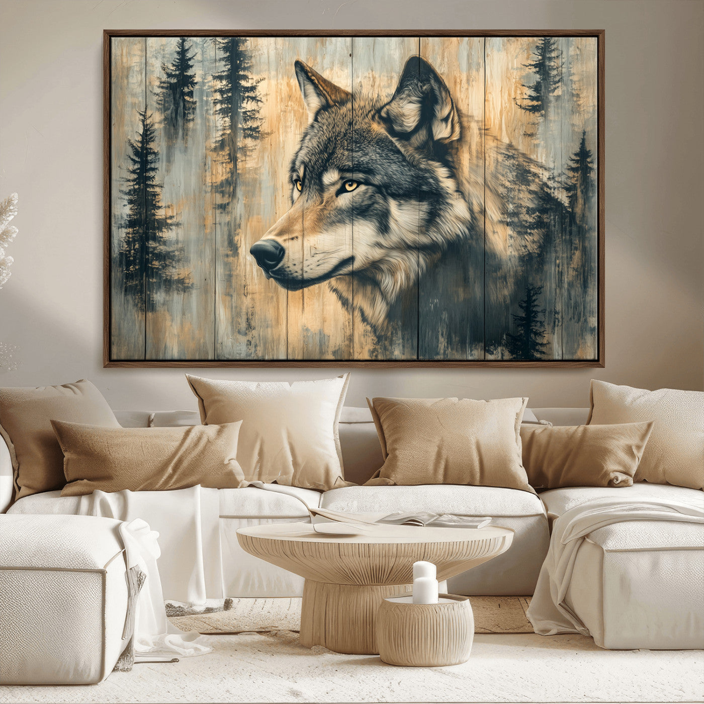 51892-MGV-CV-36X24-Wolf Wall Art – Rustic Canvas Print of Wolf with Forest Trees on Wood Texture, Wildlife Lodge Artwork for Living Room, Bedroom,