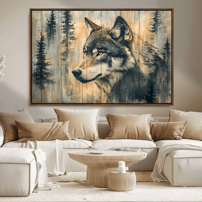 51892-MGV-CV-36X24-Wolf Wall Art – Rustic Canvas Print of Wolf with Forest Trees on Wood Texture, Wildlife Lodge Artwork for Living Room, Bedroom,