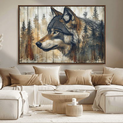 91882-MGV-CV-36X24-Wolf Wall Art – Rustic Canvas Print of Forest Wolf on Wood Background, Wildlife Lodge Artwork for Living Room, Bedroom, Cabin, or