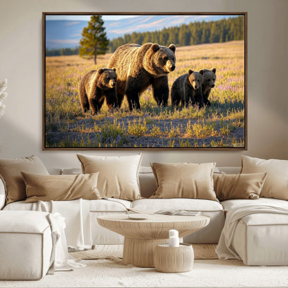 43400-MGV-CV-36X24-Bear Family Wall Art – Wildlife Canvas Print of Mother Bear with Cubs in Sunlit Meadow, Rustic Animal Artwork for Living Room,