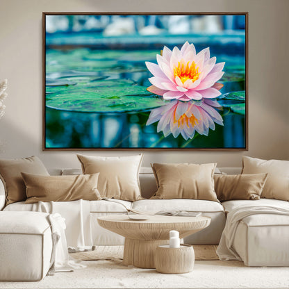 30320-MGV-FC-36X24_Walnut-Pink Water Lily Wall Art – Lotus Flower Canvas Print with Reflection Water, Peaceful Botanical Artwork for Living Room, Bedroom,