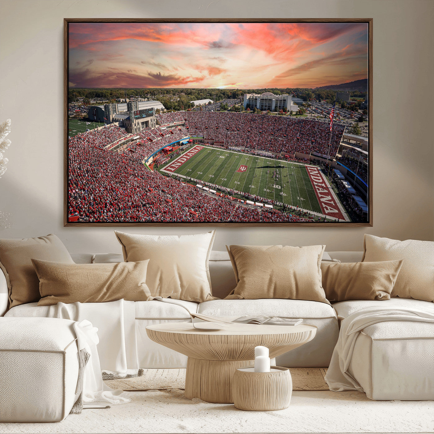 51135-MGV-FC-36X24_Walnut-Indiana Hoosiers Stadium Wall Art – Panoramic Football Canvas Print with Game Day Crowd and Sunset Sky, Sports Artwork for Man