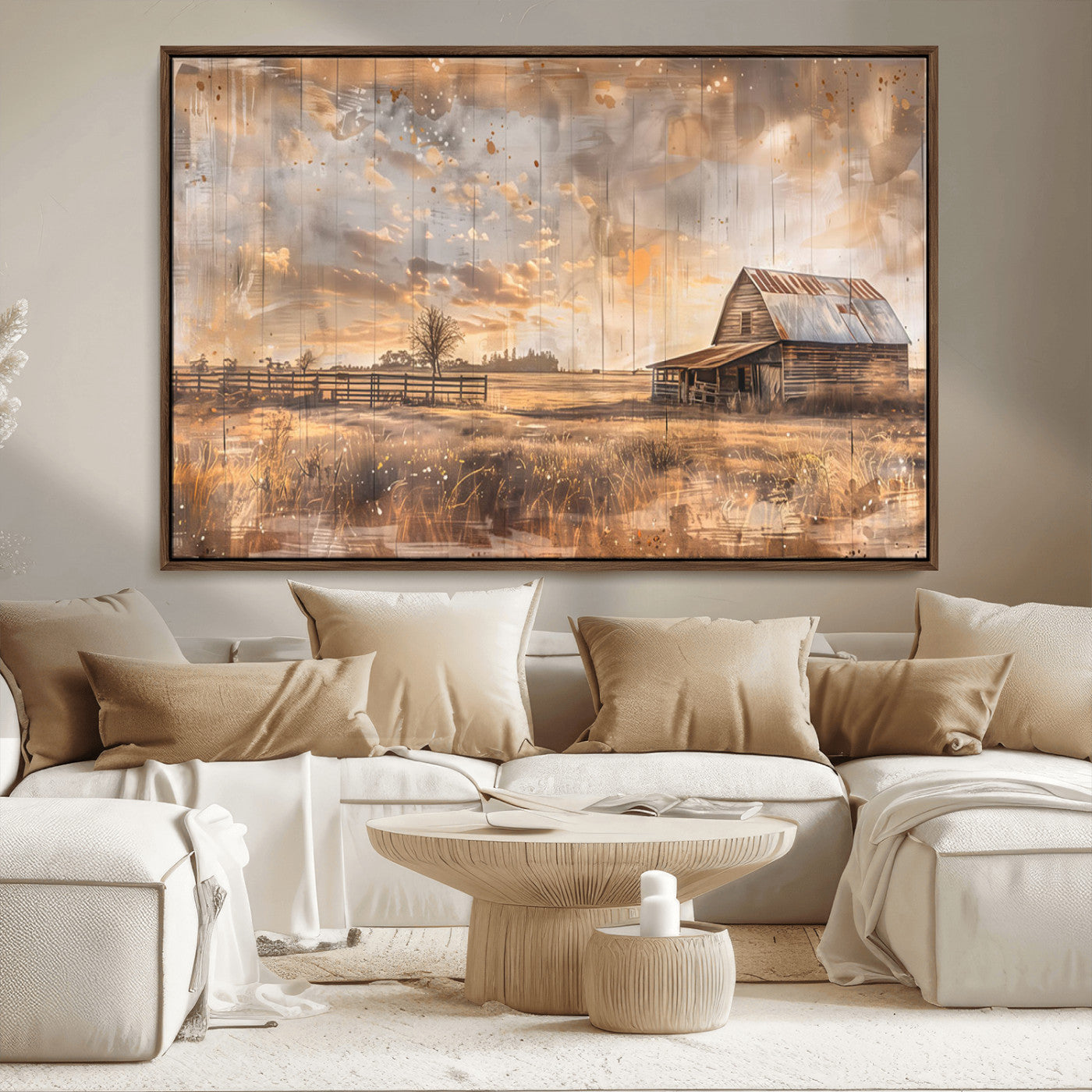 FARM2-MGV-FC-36X24_Walnut-Rustic Farmhouse Wall Art Canvas Print, Framed Old Barn Art Picture Print, Southwestern Farmhouse Perfect Rustic Decor Artwork