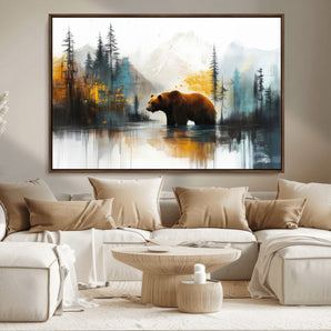 50308-MGV-CV-36X24-Abstract Rustic Bear Wall Art – Forest and Mountain Scene Canvas Print, Nature Artwork for Modern Farmhouse or Log Cabin Decor