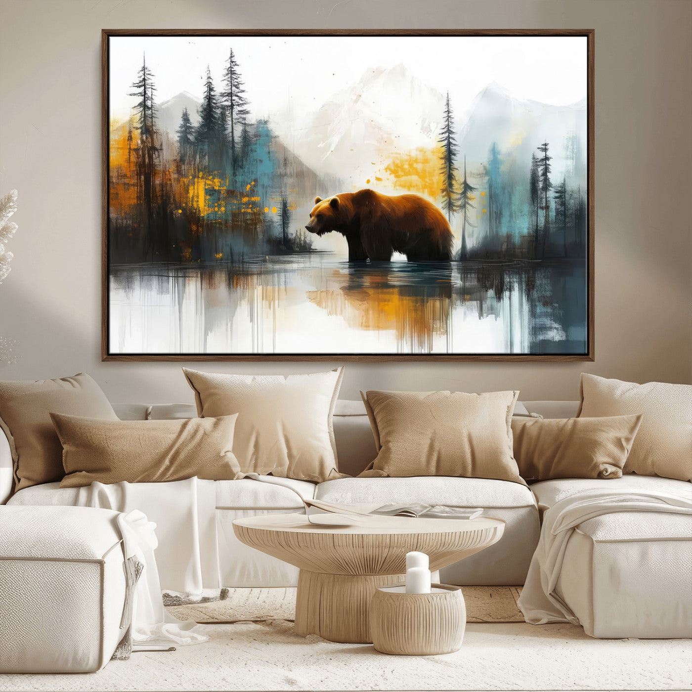 50308-MGV-FC-36X24_Walnut-Bear Wilderness Wall Art – Mountain Forest Canvas Print, Rustic Cabin Decor with Wildlife Landscape, Nature Artwork for Lodge,