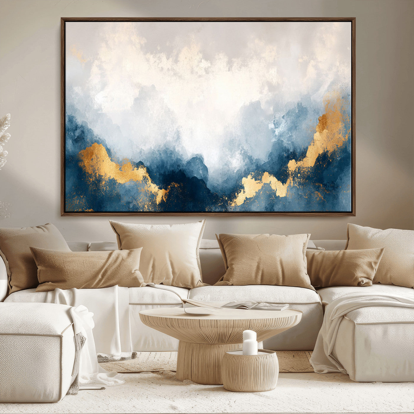 14578-MGV-CV-36X24-Abstract Wall Art – Modern Canvas Print Featuring Blue and White Clouds with Golden Accents, Contemporary Elegant Artwork for