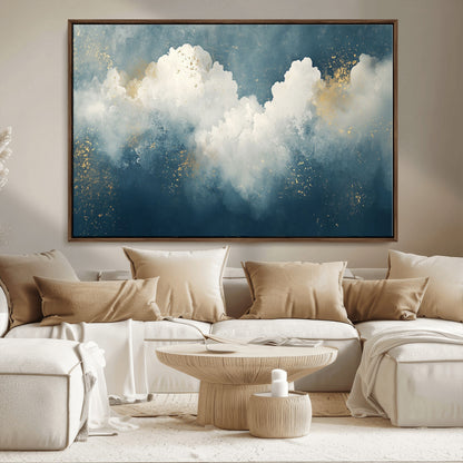 75131-MGV-FC-36X24_Walnut-Abstract Cloud Wall Art – Modern Canvas Print Featuring Blue and White Clouds with Golden Accents, Contemporary Artwork for Living