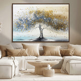 24771-MGV-CV-36X24-Silver Tree Wall Art Canvas Print, Framed Golden Leaves Art Picture Print, Metallic Tree Perfect Minimalist Luxury Decor Artwork