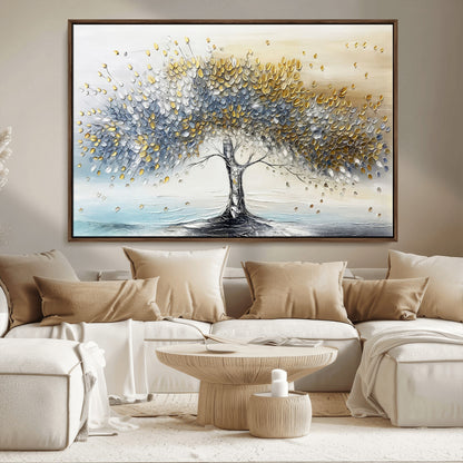 24771-MGV-CV-36X24-Silver Tree Wall Art Canvas Print, Framed Golden Leaves Art Picture Print, Metallic Tree Perfect Minimalist Luxury Decor Artwork
