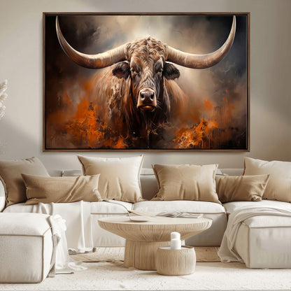 240479-MGV-FC-36X24_Walnut-Longhorn Bull Wall Art – Dramatic Western Canvas Print Featuring Horned Bull with Fiery Background, Rustic Farmhouse Artwork for