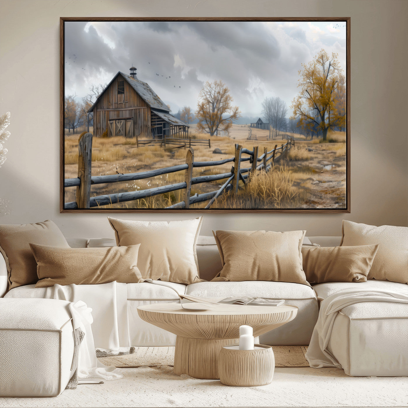 Farm1-MGV-CV-36X24-Rustic Autumn Farmhouse Wall Art – Serene Countryside Scene Canvas Print, Weathered Barn and Autumn Trees Decor for Living Room,