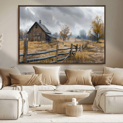 Farm1-MGV-CV-36X24-Rustic Autumn Farmhouse Wall Art – Serene Countryside Scene Canvas Print, Weathered Barn and Autumn Trees Decor for Living Room,