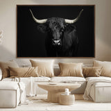 97914921-MGV-FC-36X24_Walnut-Black Bull Wall Art Canvas Print, Framed Longhorn Bull Art Picture Print, Western Bull Perfect Monochrome Western Decor Artwork