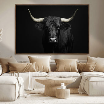 97914921-MGV-FC-36X24_Walnut-Black Bull Wall Art Canvas Print, Framed Longhorn Bull Art Picture Print, Western Bull Perfect Monochrome Western Decor Artwork