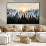 56391411-MGV-CV-36X24-Misty Forest Wall Art Canvas Print, Framed Sunrise Pines Art Picture Print, Moody Pines Perfect Serene Woodland Decor Artwork