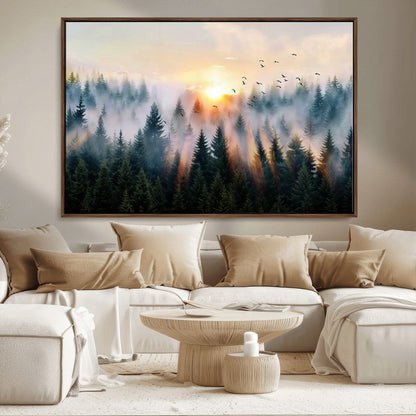 56391411-MGV-CV-36X24-Misty Forest Wall Art Canvas Print, Framed Sunrise Pines Art Picture Print, Moody Pines Perfect Serene Woodland Decor Artwork
