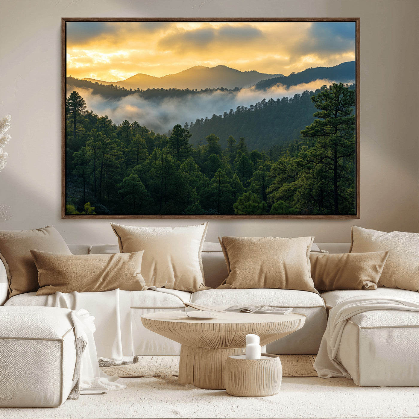 68082278-MGV-FC-36X24_Walnut-Mountain Sunrise Wall Art Canvas Print, Framed Pine Forest Art Picture Print, Misty Mountains Perfect Earthy Woodland Decor