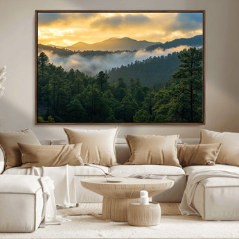 68082278-MGV-FC-36X24_Walnut-Mountain Sunrise Wall Art Canvas Print, Framed Pine Forest Art Picture Print, Misty Mountains Perfect Earthy Woodland Decor