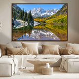 87724099-MGV-CV-36X24-Maroon Bells Wall Art Canvas Print, Framed Snowy Mountains Art Picture Print, Pine Forest Perfect Vibrant Alpine Decor Artwork