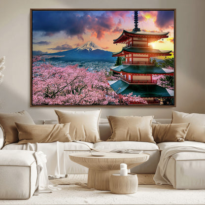 32331262-MGV-FC-36X24_Walnut-Mount Fuji Japan Wall Art – Cherry Blossom Landscape Canvas Print, Chureito Pagoda Sunset Photography, Japanese Nature Travel