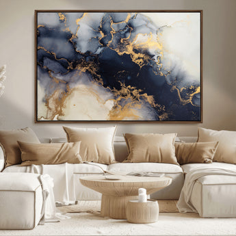 41136487-MGV-CV-36X24-Black Marble Wall Art Canvas Print, Framed Gold Veins Art Picture Print, Abstract Texture Perfect Moody Luxe Decor Artwork