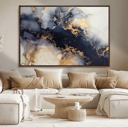41136487-MGV-CV-36X24-Black Marble Wall Art Canvas Print, Framed Gold Veins Art Picture Print, Abstract Texture Perfect Moody Luxe Decor Artwork