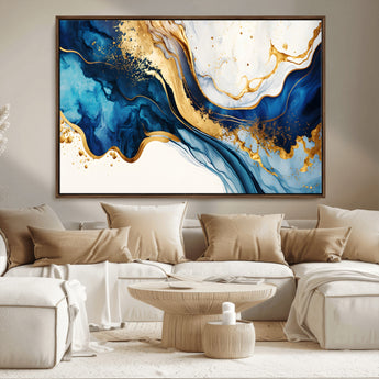 60283636-MGV-FC-36X24_Walnut-Blue Gold Flow Wall Art Canvas Print, Framed Marble Texture Art Picture Print, Elegant Splash Perfect Elegant Abstract Decor