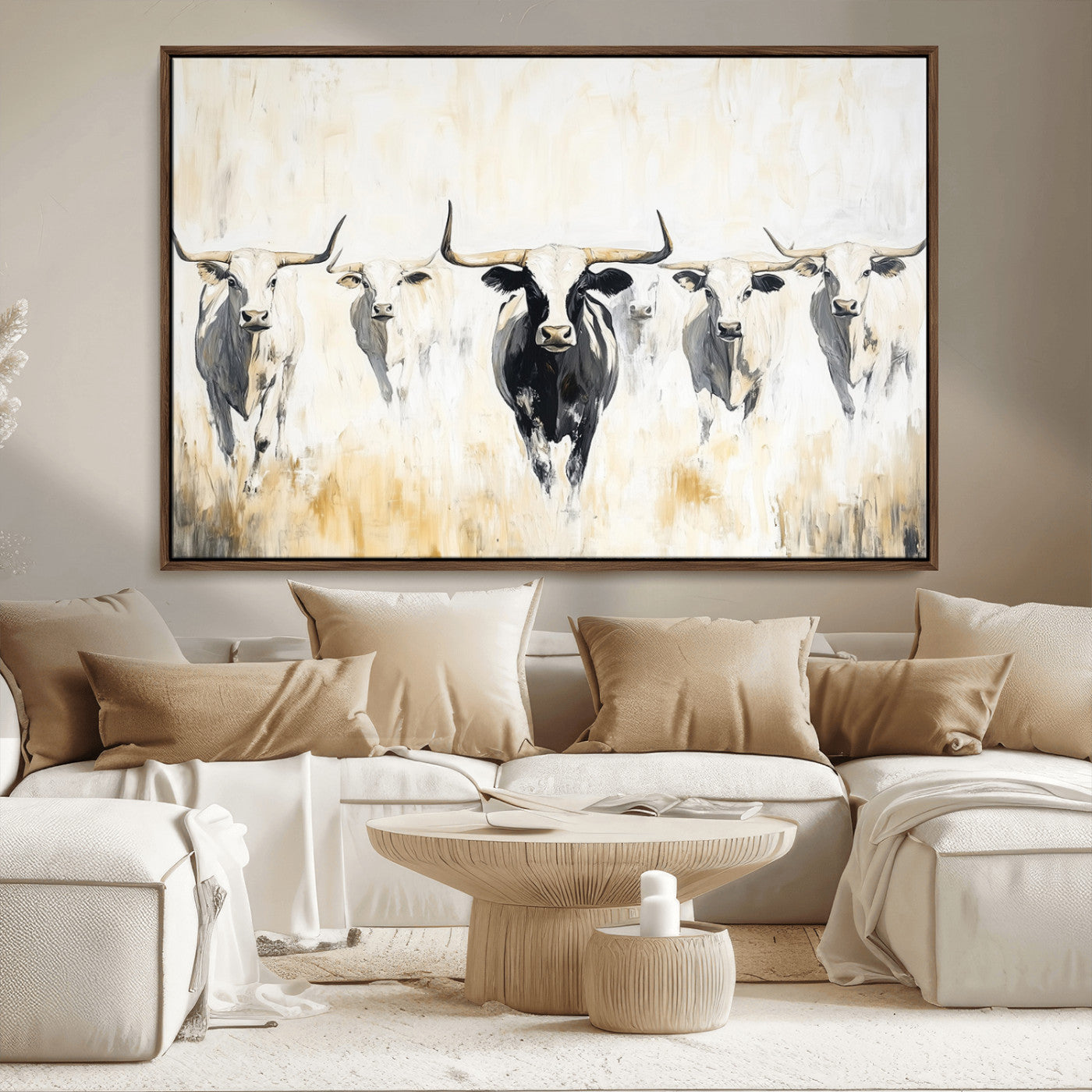 40397799-MGV-CV-36X24-Texas Longhorn Wall Art Canvas Print, Framed Rustic Herd Art Picture Print, Western Bull Perfect Neutral Western Decor Artwork