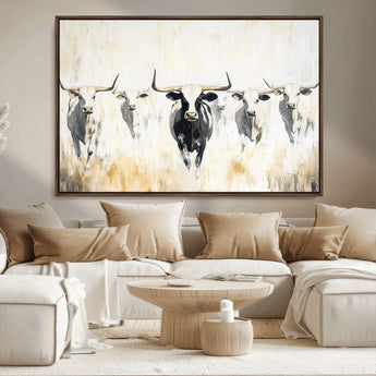 40397799-MGV-CV-36X24-Texas Longhorn Wall Art Canvas Print, Framed Rustic Herd Art Picture Print, Western Bull Perfect Neutral Western Decor Artwork